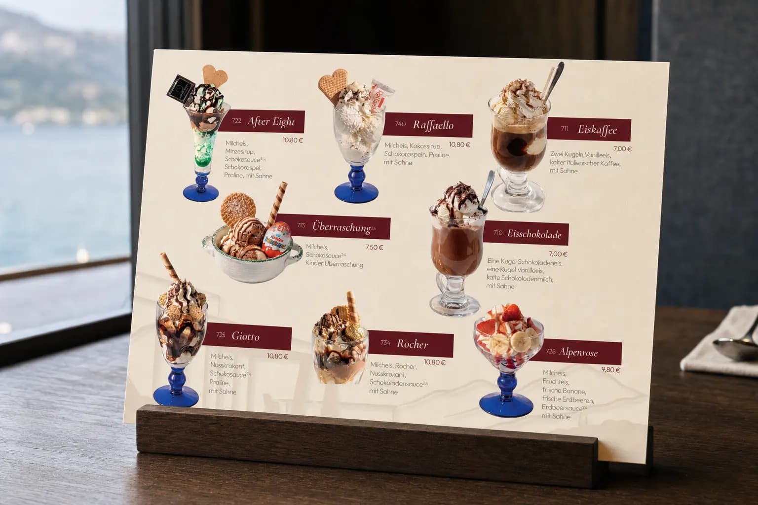 Seehaus-Eiskarte in einem Tischaufsteller