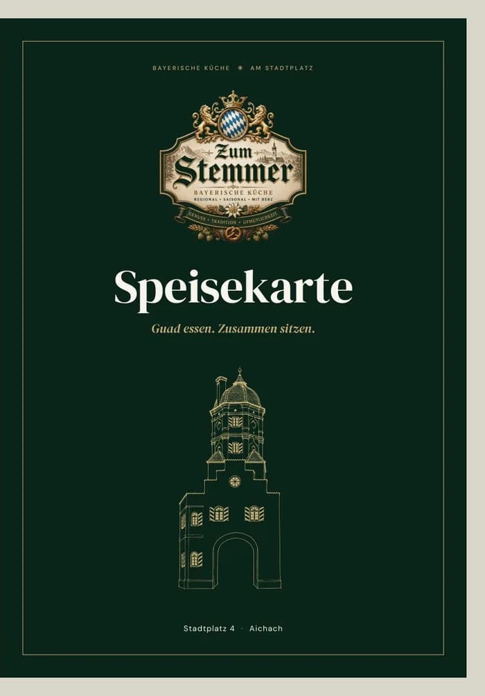 Titelseite der gedruckten Speisekarte von Zum Stemmer in Dunkelgrün mit Wappen und Turm