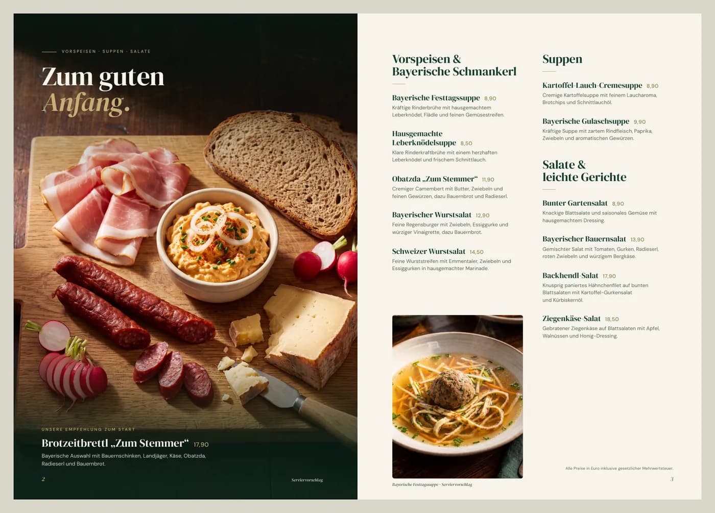 Doppelseite der Stemmer-Speisekarte: Zum guten Anfang, mit Brotzeitbrettl und Vorspeisen