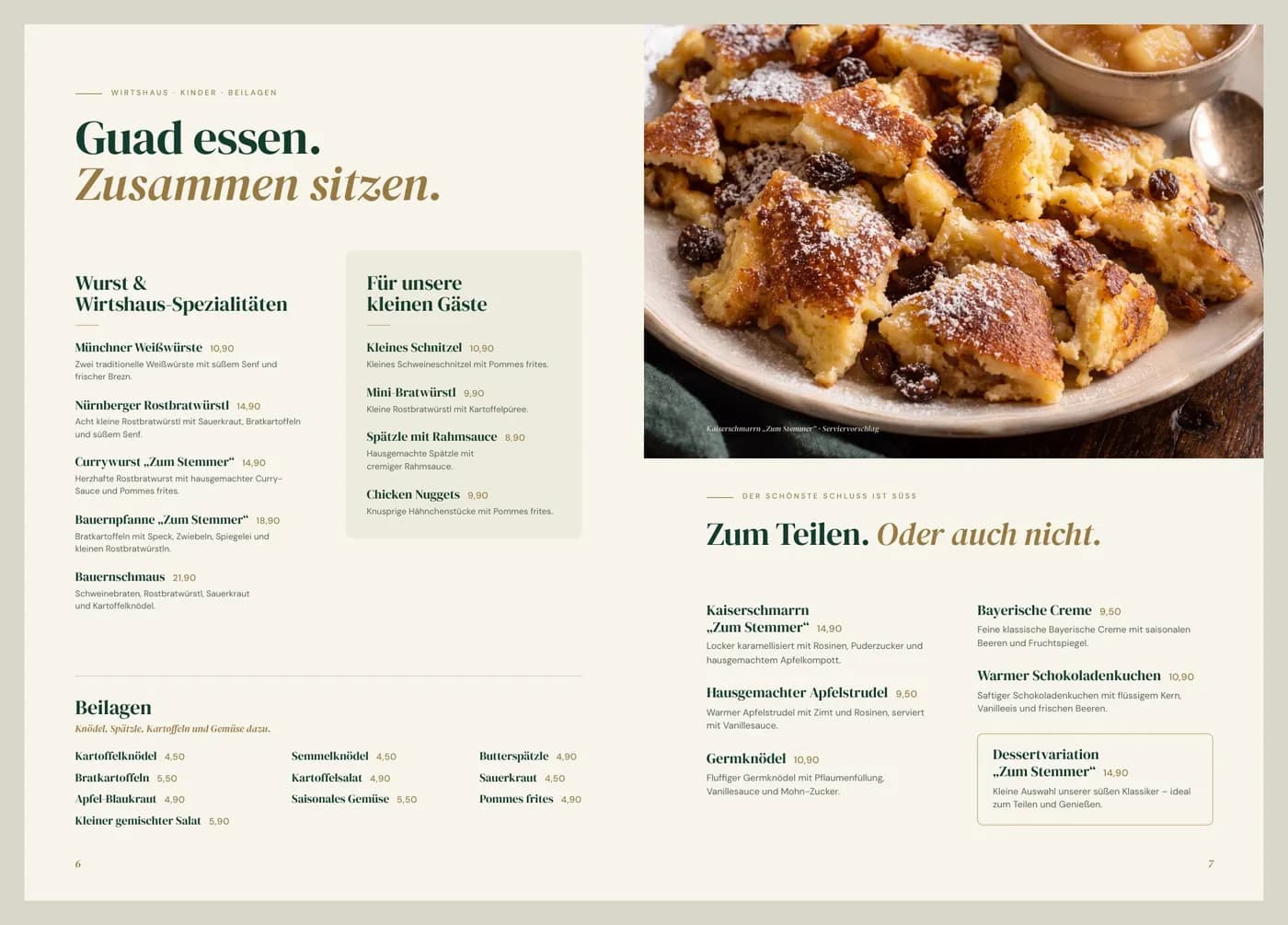 Doppelseite der Stemmer-Speisekarte: Guad essen. Zusammen sitzen., mit Kaiserschmarrn
